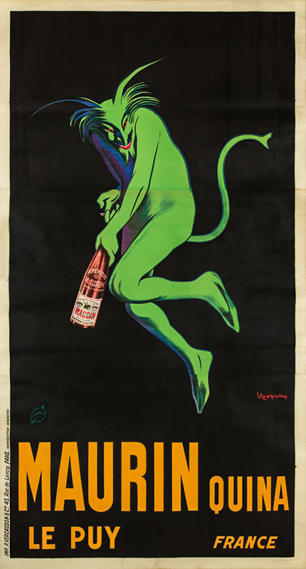1906 - Un diable vert sur fond noir ouvre une bouteille de Maurin Quina. Ce diable