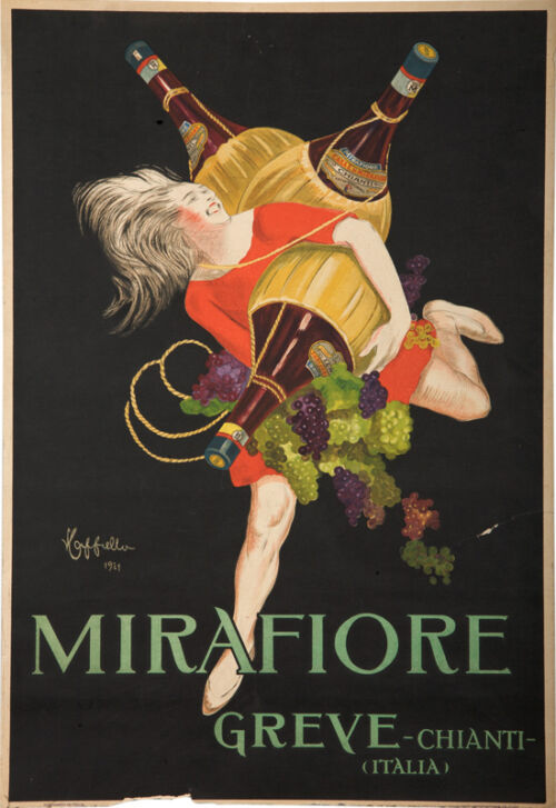 1921 - Une femme court avec trois fiasques de Chianti dans les bras Des grappes de raisin s'échappent aussi de ses mains. - Leonetto Cappiello