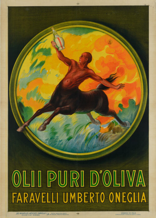 1921 - Un centaure s'échappe du tableau au galop. Il brandit une boîte métallique d'huile d'olive. - Leonetto Cappiello