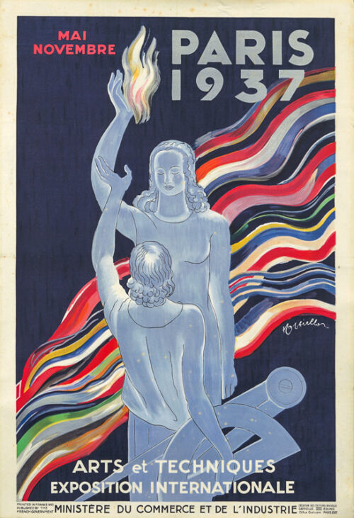 1937 - Deux femmes se font face. L'une porte une flamme symbole de vie