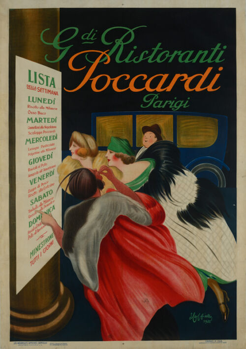 1922 - Trois femmes se pressent et discutent devant le menu hebdomadaire du restaurant. Pendant ce temps l'homme qui les accompagne attend leur décision. - Leonetto Cappiello