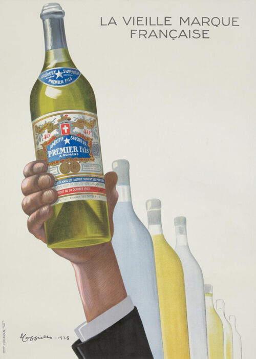 1935 - Une main d'homme brandit une bouteille d'apéritif. Plusieurs autres bouteilles se profilent derrière.