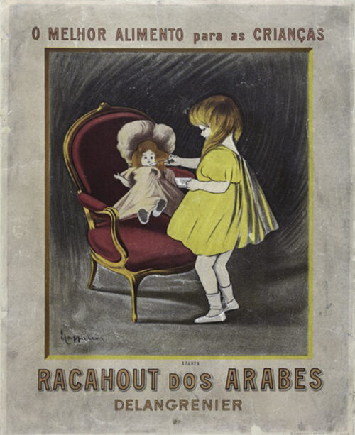 1905 ca. - Une petite fille donne du Racahout à sa poupée posée sur un fauteuil. - Leonetto Cappiello