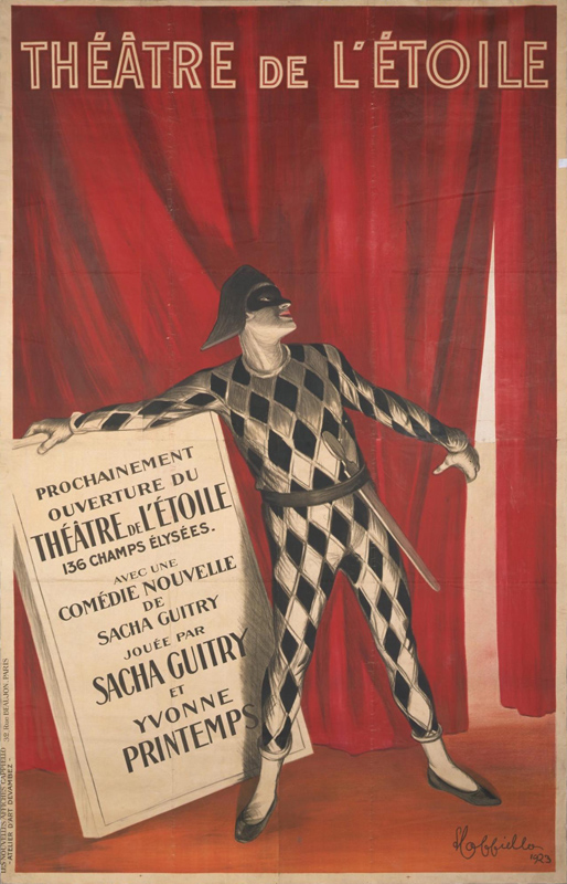 1923 - Un arlequin devant le rideau de scène du théâtre de l'Etoile montre une toile vierge sur laquelle seront imprimés