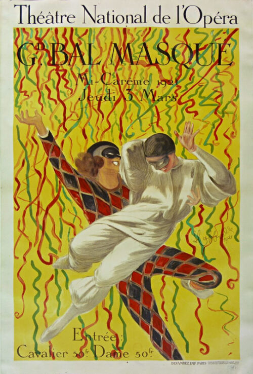1921 - Arlequin et Pierrot volent au milieu de serpentins. - Leonetto Cappiello