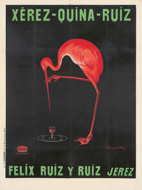 1905 - Un échassier essaie de boire un verre de vin du bout de son long bec : en vain !"Quatre affiches de Cappiello. Pour notre rentrée