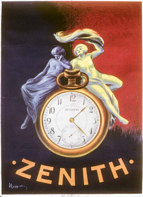 1912 ca. - Deux femmes sont allongées de chaque côté d'une montre à gousset géante. L'une dort sur la gauche dans la nuit