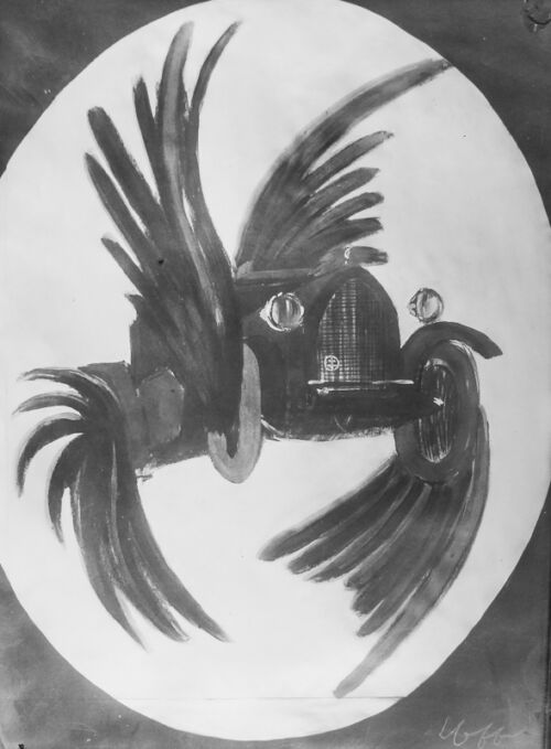 1924 - Aux roues de cette voiture sont accrochées quatre ailes de perroquet.