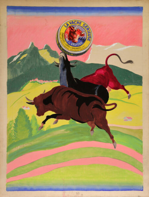 1926 - Trois vaches gambadent dans un alpage suisse. L'une semble montrer une boîte de lait concentré dont son lait serait à l'origine.