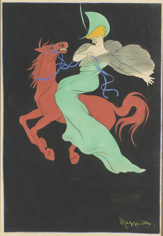 Maquette publicitaire : Chocolat Klaus, 1903 par Cappiello. Une amazone, à la robe et au chapeau verts, caracole sur un cheval rouge. «Pour le bon renom du produit ou de l’objet que l’affiche représente, je crois que l’impression brusque qu’elle produit ne doit jamais être bouffonne, satirique ou humoristique, mais elle peut être amusante ou spirituelle. J’ai tenté de définir par un mot le sentiment auquel j’ai soumis toutes mes compositions : je ne sais pas s’il le désigne bien, mais je le qualifie de « comique mathématique »… L’affiche du chocolat Klaus – une femme vêtue d’une longue tunique verte sur un cheval rouge se détachant en fond noir- a été pour moi la première de ce genre. Elle fut une obsession, mais j’estime qu’elle avait rempli son but, puisque les résultats obtenus par la maison furent concluants et que beaucoup de gens demandaient le chocolat du « cheval rouge ». Elle marque du reste la deuxième étape de mon évolution. C’est à elle que je dois d’avoir pu faire accepter l’idée qui me hantait depuis longtemps et qui était de dessiner des affiches établies en raison de leur véritable objet. Mais si les commerçants ou les industriels reculent souvent devant des idées nouvelles, ils ne résistent pas aux résultats financiers. Devant ce fait brutal ; le succès, il me fut permis de faire adopter ma formule et certains, des plus rebelles au début, vont maintenant jusqu’à leur conservation. » Cappiello, 1907 L’Affiche Moderne « Je dois vous dire tout d’abord que les opinions de M. Cappiello m’ont totalement séduit. Il a mille fois raison quand il dit que l’affiche doit être une tâche qui force de loin l’attention du passant. D’autre part, faire de la réclame à un chocolat avec un cheval, et surtout un cheval rouge, c’est tout simplement génial. Seulement, j’aurais préféré que cela fût réservé au chocolat Poulain. Quant à la femme verte qui est sur un cheval, elle s’impose : le cheval est rouge…de colère ; donc, la femme est verte…de peur. C’est clair comme le jour, et était d’ailleurs obligatoire, le vert étant la couleur complémentaire du rouge. » La Sorte, 25 mai 1907