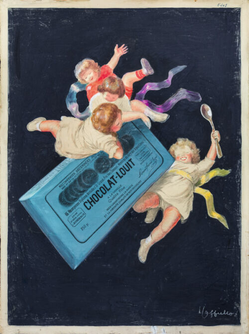 1921 - Une esquisse réalisée pour du lait concentré (Cf. photo noir et blanc) est reprise pour des plaquettes de chocolat; l'une pour le Chocolat-Louit