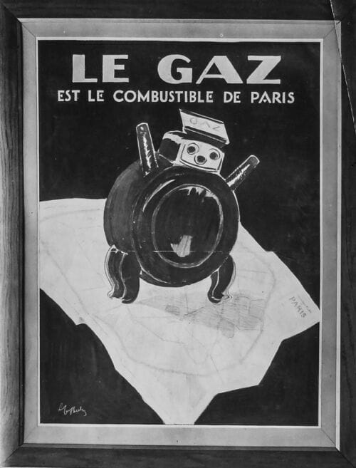 1927 - Un compteur de gaz personnalisé se déplace sur un plan du réseau de distribution parisien. - Leonetto Cappiello