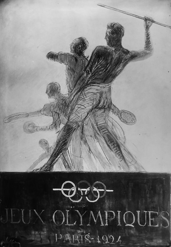 1923 - Cinq athlètes se préparent. On distingue un lanceur de javelot