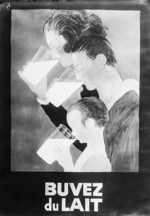 1933 - Des parents et leur enfant boivent chacun un grand bol de petit déjeuner. - Leonetto Cappiello