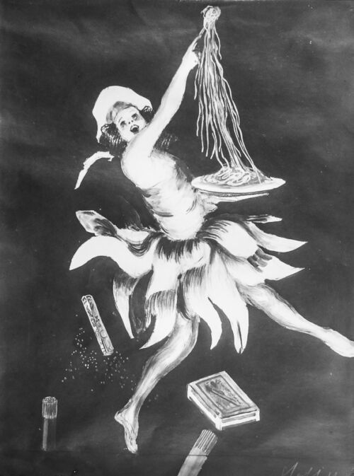 1924 - Une danseuse soulève des spaghettis au-dessus d'une assiette.