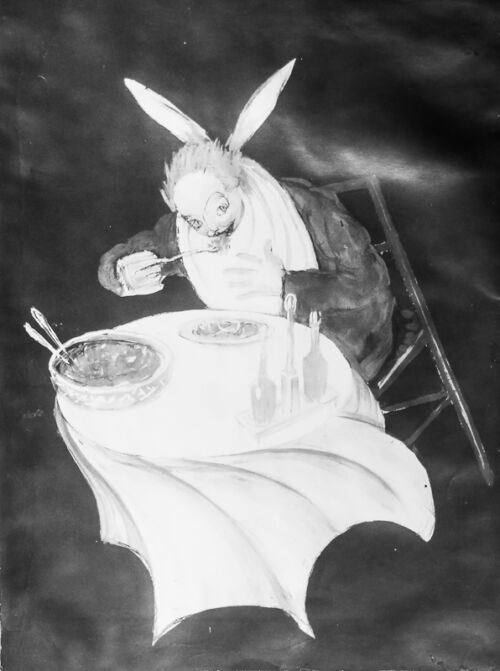 1925 - Un gourmand déguste un plat agrémenté de Savora. La nappe sur laquelle repose le pot s'envole