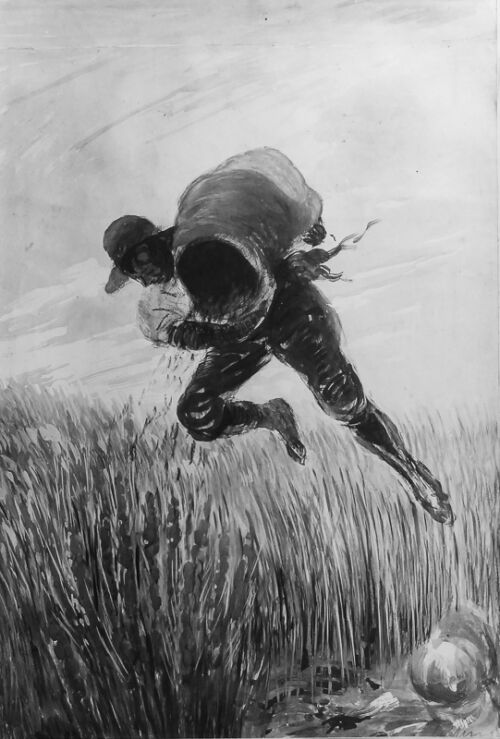1920 - Un agriculteur survole un champ de blé un sac d'engrais sur le dos. Il en répand le contenu. - Leonetto Cappiello