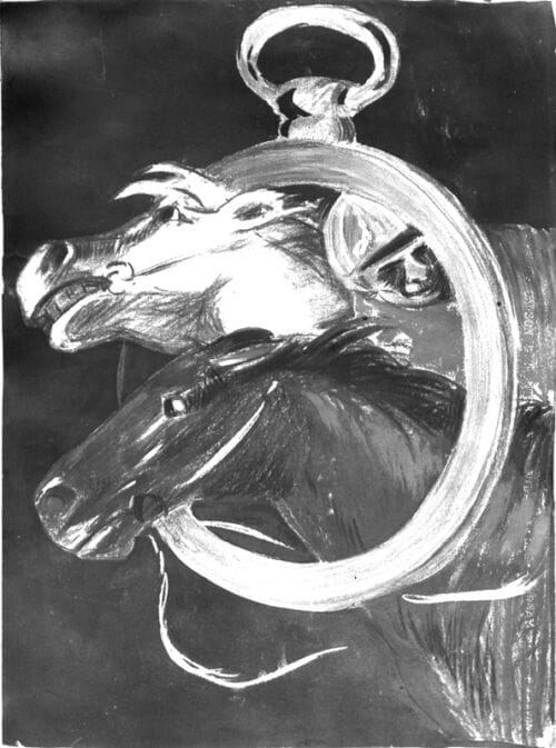 Photo d'esquisse publicitaire : Chevaux et jockey