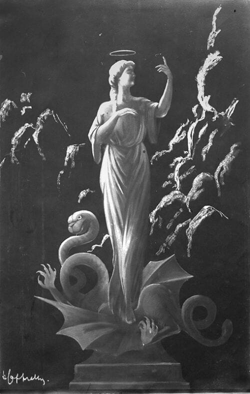 1906 ca. - Il pourrait s'agir de Sainte Marguerite ayant terrassé le démon dans une grotte d'où jaillirait une source d'eau - Leonetto Cappiello