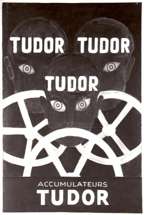 1930 - Trois têtes derrière trois volants de voiture ont les yeux grands ouverts faisant particulièrement attention (à la route). Elles portent sur le front la marque SPIDO.