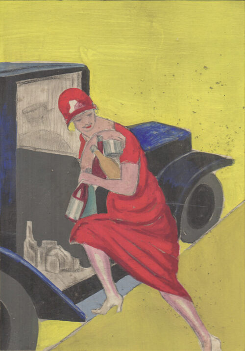 1925 - Une femme entre dans son automobile conduite par un chauffeur. Elle y dépose ses courses de produits alimentaires. - Leonetto Cappiello