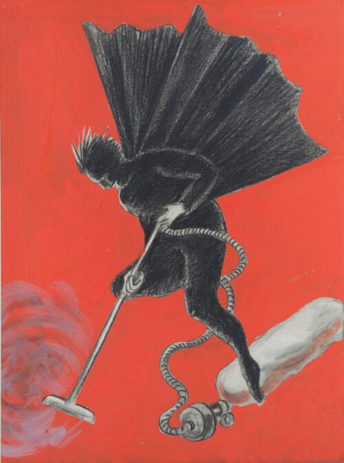 1924 - Un homme en noir utilise un aspirateur traineau pour enlever la poussière. Il possède des ailes