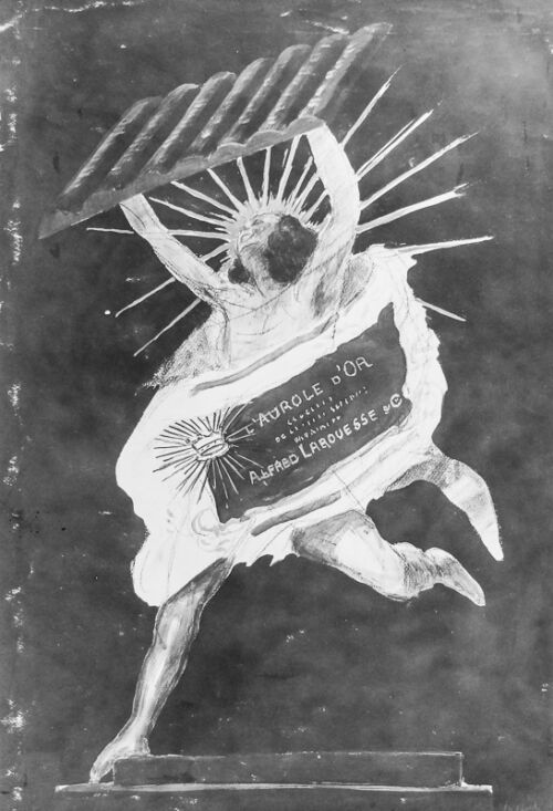 1920 - Une femme nue enroulée d'une étoffe rouge s'élance au-dessus d'une volée de marches en brandissant une tablette de chocolat. - Leonetto Cappiello