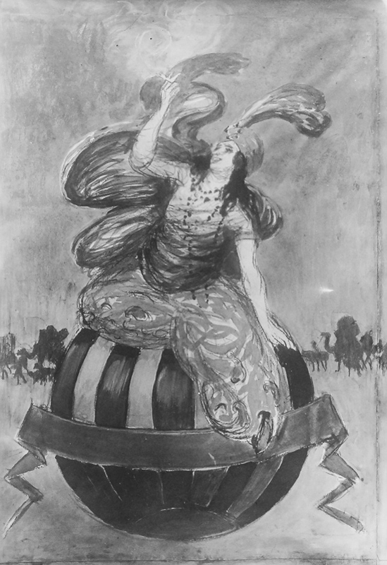 1920 - Une princesse arabe fume une cigarette assise sur le logo de la marque Marouf : une boule rouge et bleue avec un bandeau jaune. Dans le fond on aperçoit une caravane passer