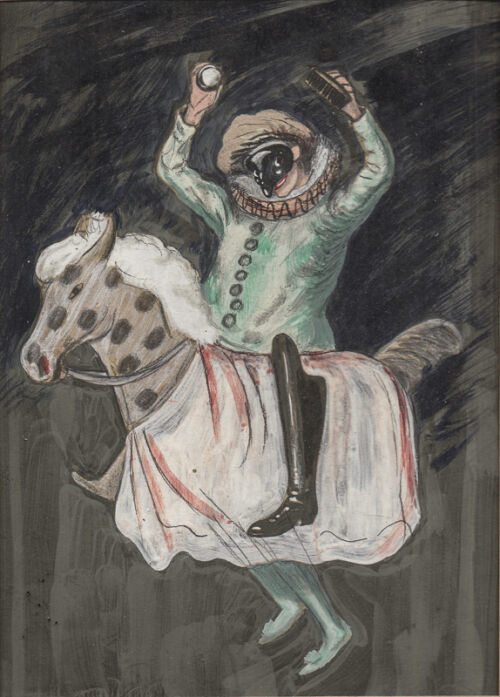 1919 - Un homme masqué monte un cheval de bois à bâton. Il tient dans les mains une brosse et du cirage. Une botte noire bien astiquée est accrochée à la selle.