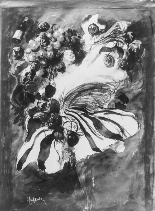 1921 - Cette affiche a été conçue pour une liqueur à base de vermouth blanc et de liqueur de fraises : la "Chambéryzette" (voir photo noir et blanc). Elle a été vendue aux conserves "Cirio". Cette photo peinte est une étape intermédiaire. Elle représente une femme en état d’apesanteur entourée de fruits et de légumes. - Leonetto Cappiello