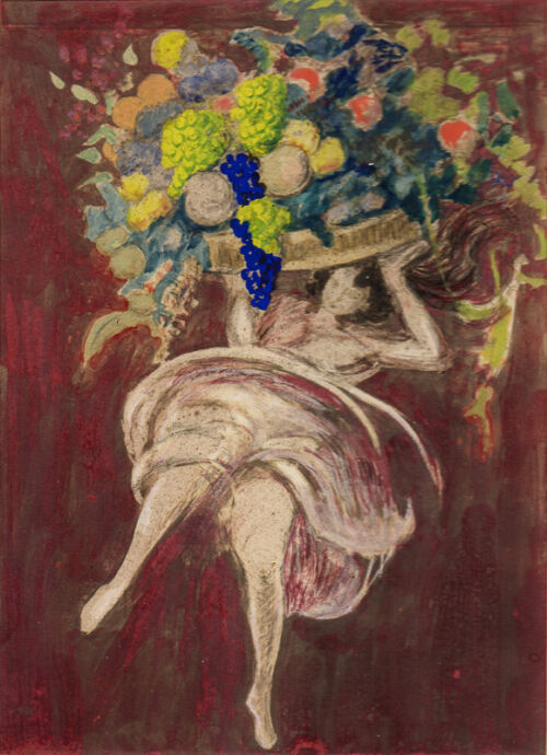 1920 - Une femme aérienne porte sur sa tête une gigantesque corbeille de fruits. - Leonetto Cappiello