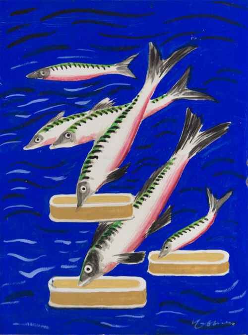 1927 - Des maquereaux se présentent devant des boîtes de conserve. - Leonetto Cappiello