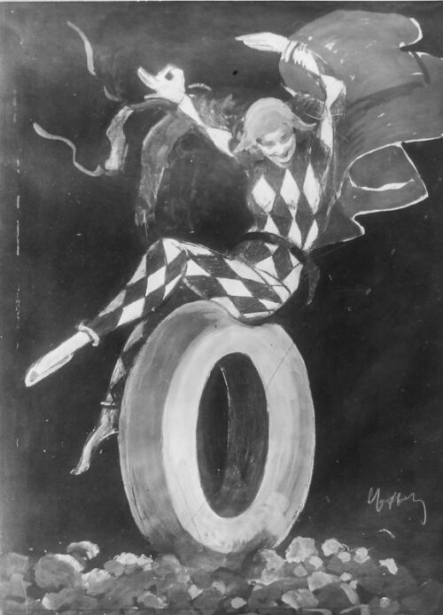 1925 - Un arlequin assis sur une boîte de crème de gruyère