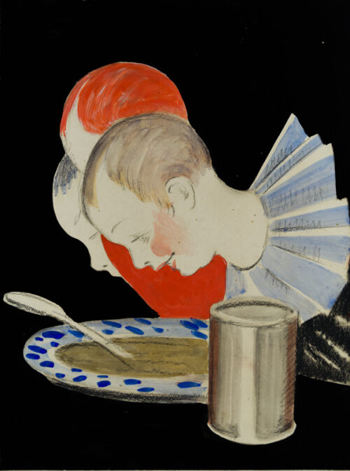 1927 - Trois garçons se penchent avec satisfaction sur une assiette contenant une bouillie lactée. Devant eux est posée la boîte de farine lactée. - Leonetto Cappiello