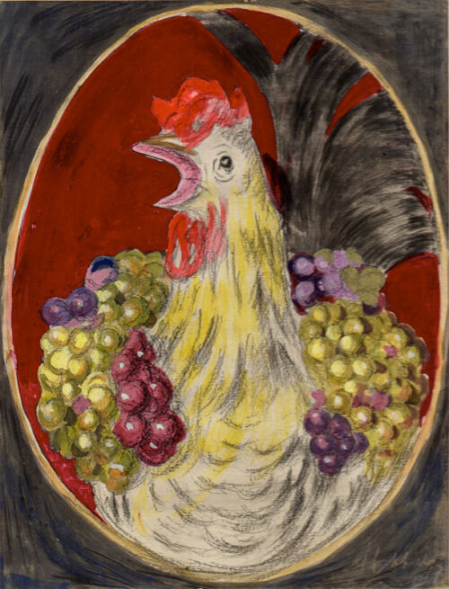 1919 - Un coq est entouré de raisins dans un médaillon. - Leonetto Cappiello