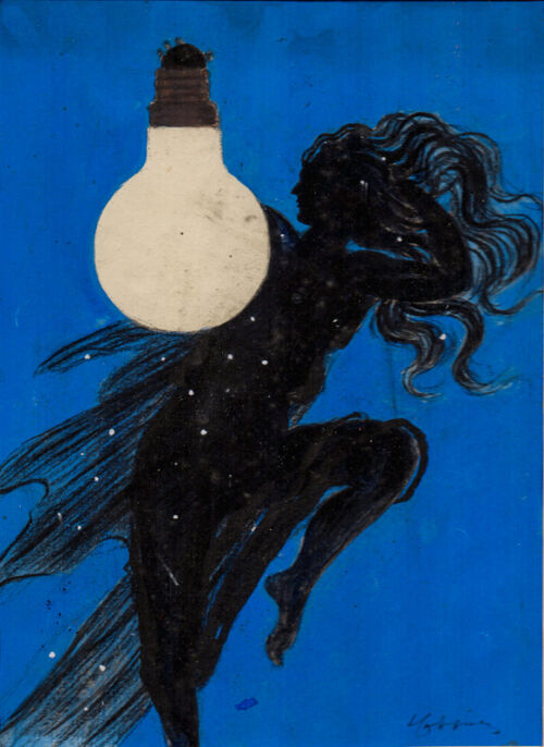 1924 - Deux photos peintes très voisines l'une de l'autre montrent une femme en noir avec une importante chevelure qui tient dans la main une ampoule électrique. - Leonetto Cappiello