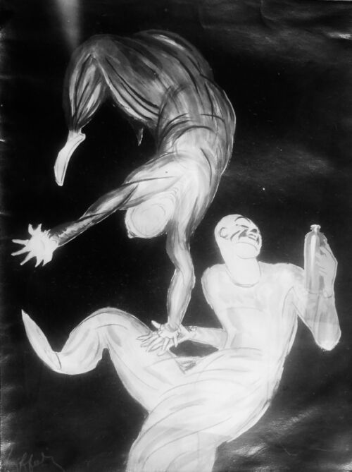1924 - Deux saltimbanques font une acrobatie. Le porteur a un œil reconnaissant vers la bouteille de liqueur qui lui a donné tant de force (comme on le croyait à l'époque) et de plaisir!