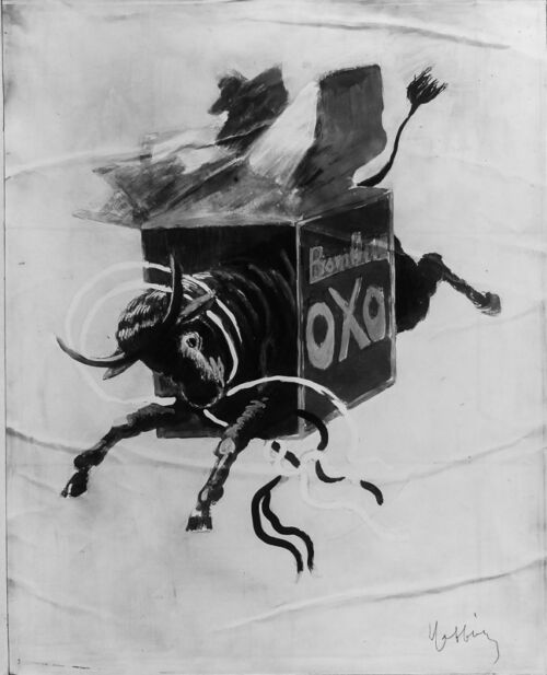 1920 - Un bœuf traverse une boîte de conserve. Il a autour du cou une sorte de lasso qui a pu être utilisé pour le mettre en boîte.