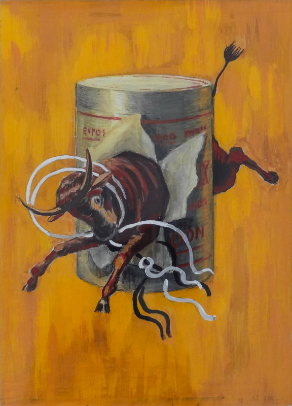 1920 - An ox crosses a tin can. Around its neck is a kind of lasso that may have been used to can it.