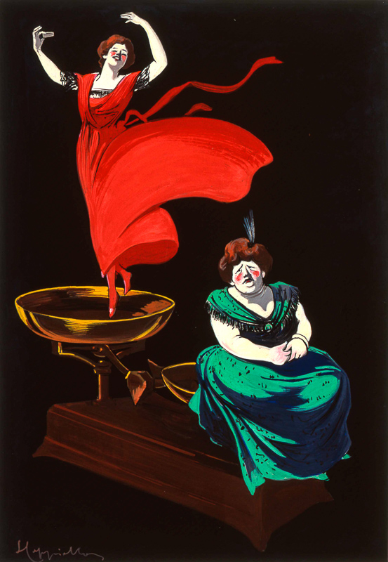 around 1912 - Two women compare their weight on the scales. The one taking the miracle pills is the lighter and happier one. The other is fat and very sad.