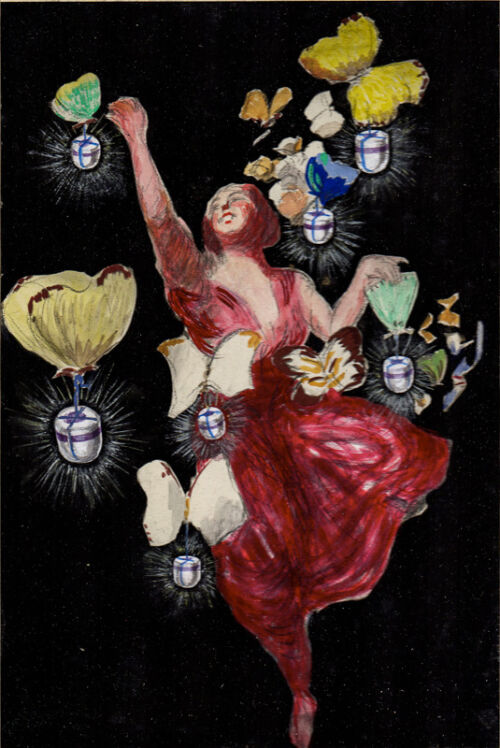 1919 - Une danseuse est entourée de petits paquets suspendus à des papillons.