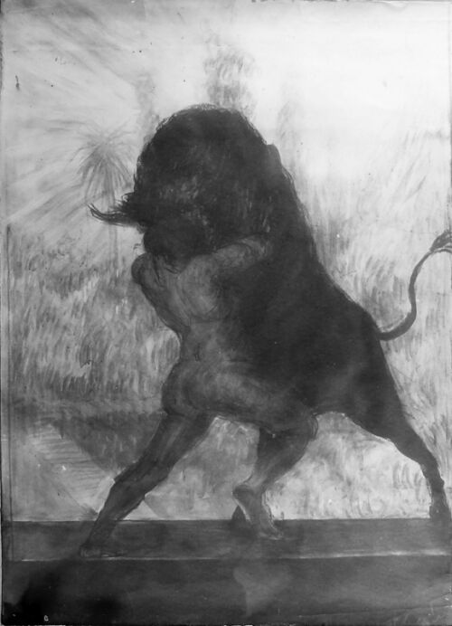 1923 - Un homme nu est au corps à corps avec un taureau dans un parc. Cette scène est inspirée d'Héraclès qui captura le taureau à mains nues.L'esquisse préalable s'appelle "Cure d'air" (Voir photo noir et blanc). La force de l'homme n'est plus donnée par un vin tonique