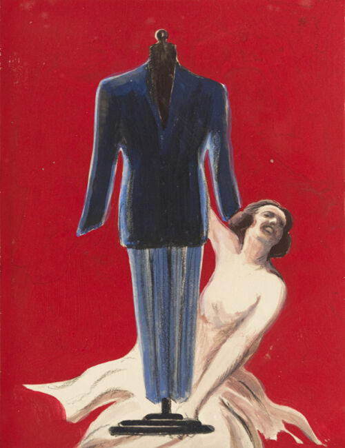 1924 - Une vendeuse présente un mannequin habillé d'un costume.. Cette photo peinte fait suite à l'esquisse intitulée "Vêtements" - Leonetto Cappiello