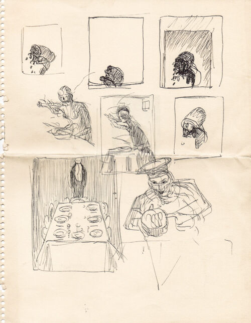 1936 ca. - Études pour trouver comment représenter un charbonnier vidant son sac de charbon. - Leonetto Cappiello