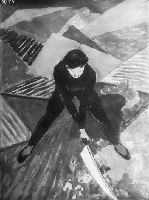 1927 - Un homme muni d'un sabre découpe une parcelle de terrain à construire.