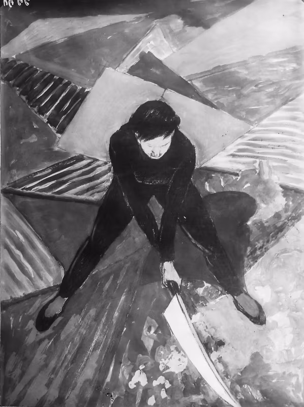 1927 - Un homme muni d'un sabre découpe une parcelle de terrain à construire.