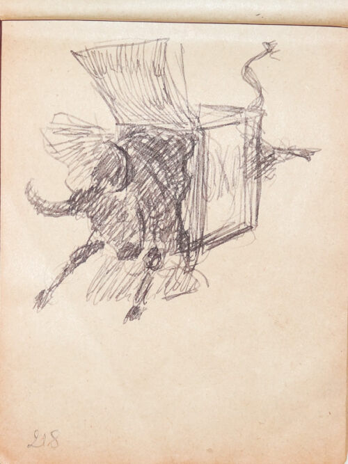 1920 - La première idée de Cappiello consiste à représenter de face un bœuf qui traverse une boîte de concentré. Mais le motif manque de force. Il préférera représenter l'animal de trois quarts avant avec une tête plus agressive. - Leonetto Cappiello