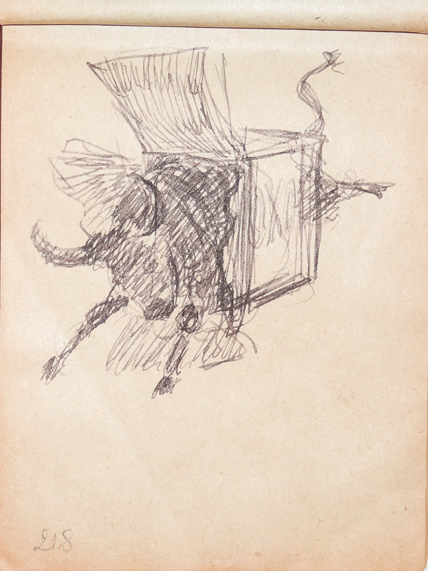 1920 - La première idée de Cappiello consiste à représenter de face un bœuf qui traverse une boîte de concentré. Mais le motif manque de force. Il préférera représenter l'animal de trois quarts avant avec une tête plus agressive. - Leonetto Cappiello