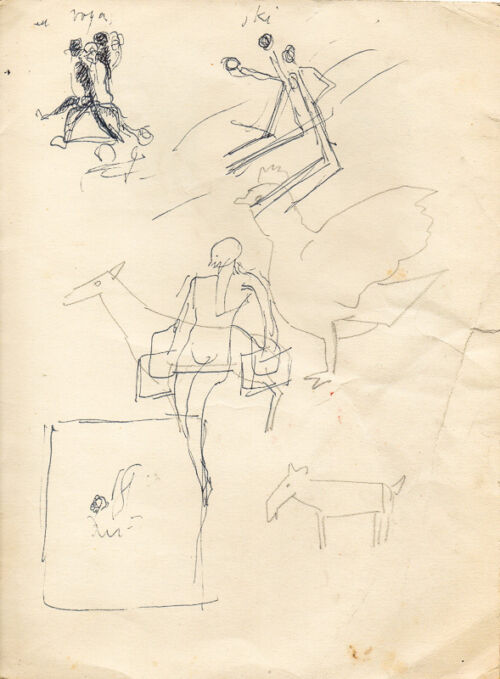 1929 - Dans une première étude Cappiello recherche une position pour les 3 skieurs