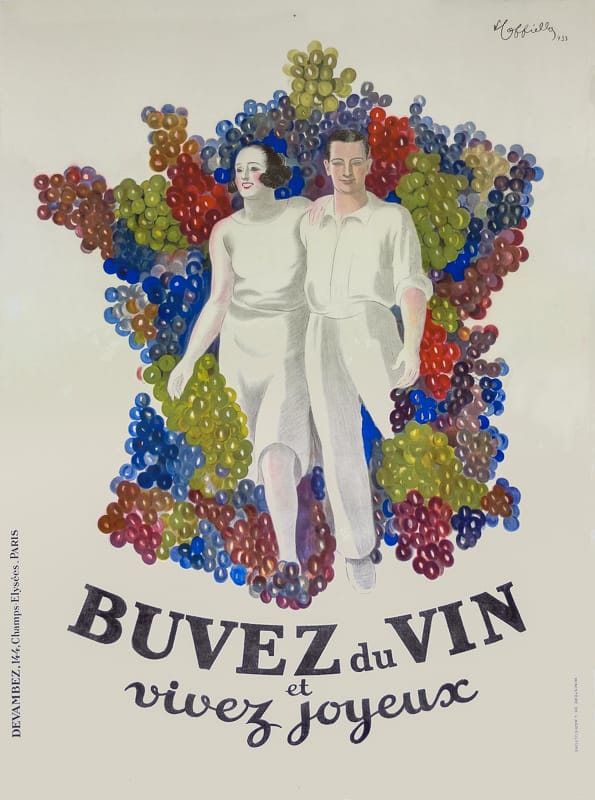 affiche-buvez-du-vin-cappiello-1933 Buvez du Vin, 1933 par Cappiello. Un couple de Français bras dessus, bras dessous, sort d'une France débordant de raisins.